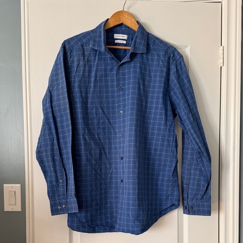 Calvin Klein Blue Windowpane Check Button Down Shirt XL 17 1/2